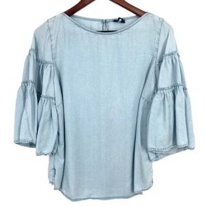 J. Jill Denim Chambray Small Ruffle Bell Sleeve Blouse Shirt Top Blue Boho